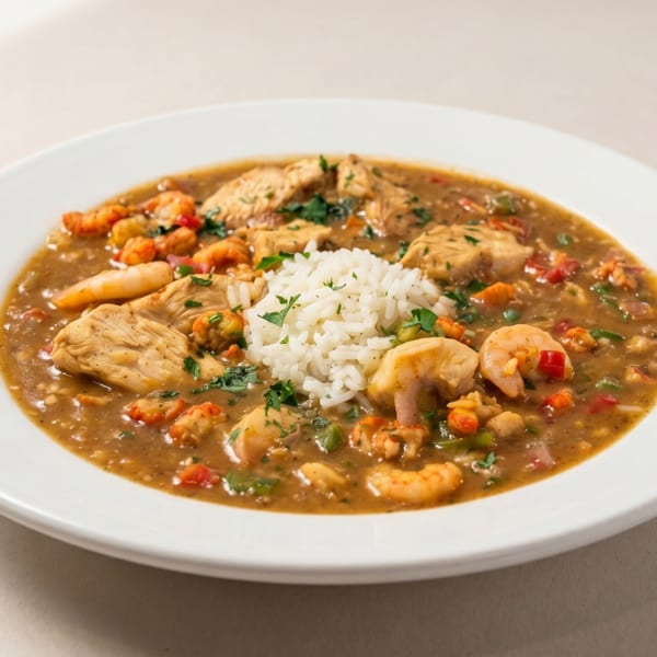 Hearty Cajun gumbo with chicken, shrimp, crawfish, and rice, garnished with parsley.