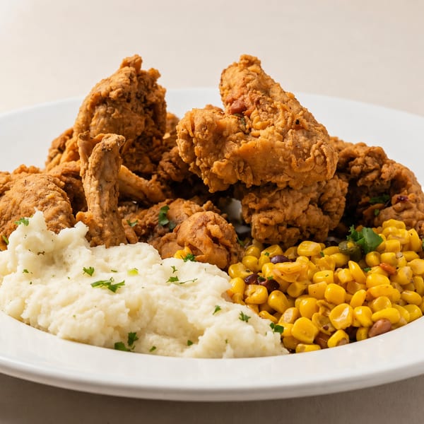 Crispy fried chicken tenders with creamy mashed potatoes and a side of corn and black beans.