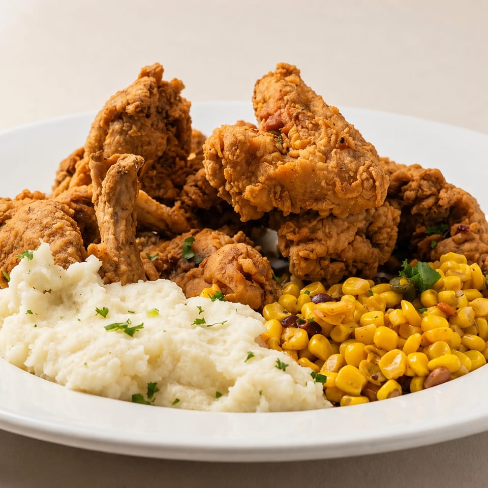 Crispy fried chicken tenders with creamy mashed potatoes and a side of corn and black beans.