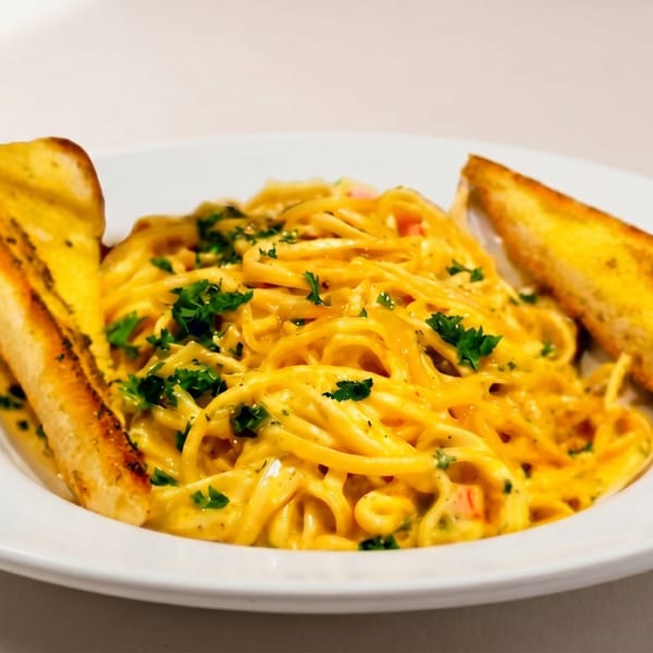 Creamy pasta with parsley and two slices of garlic bread on a white plate.