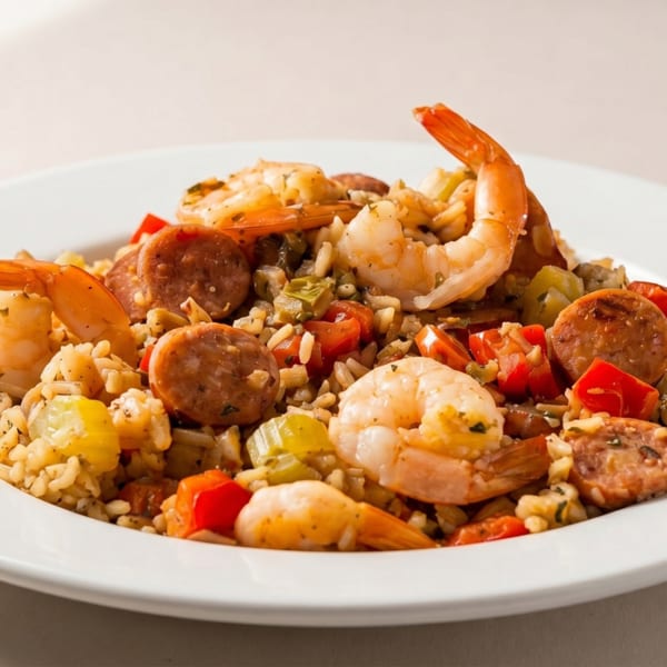 Close-up of a white plate filled with jambalaya, featuring shrimp, sausage, rice, and vegetables.