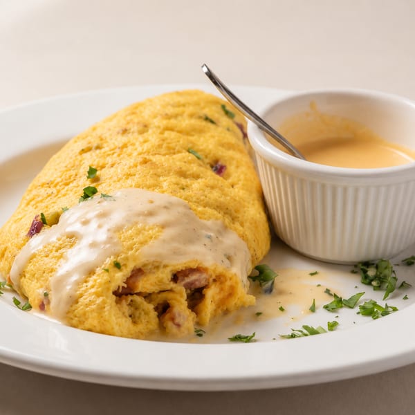 A golden omelet topped with creamy gravy and parsley, served with a side of cheese sauce.