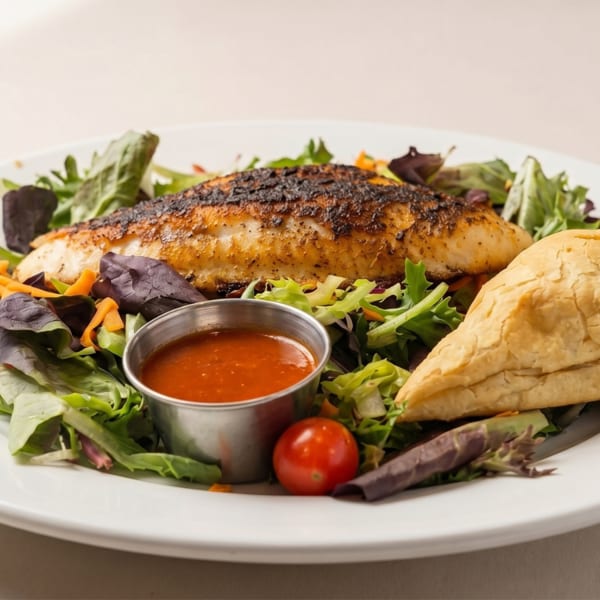 Blackened fish fillet on a bed of mixed greens with a side of sauce and a cherry tomato.