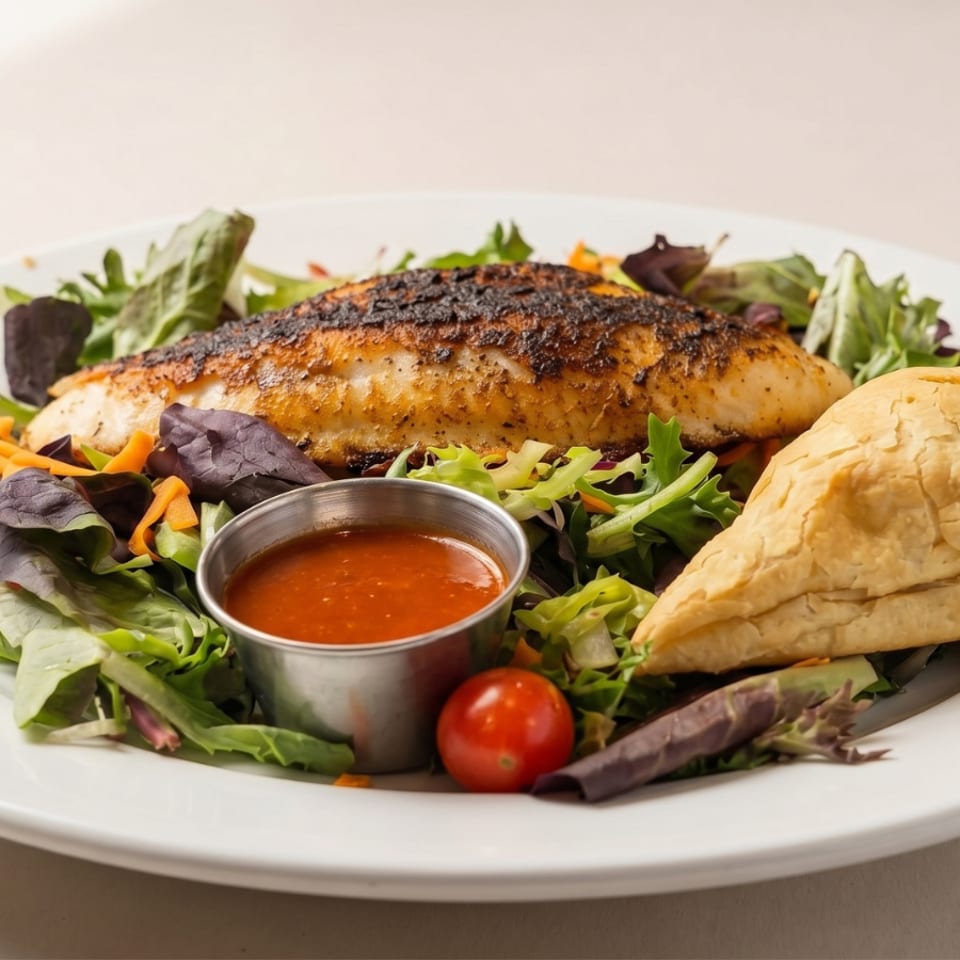Blackened fish fillet on a bed of mixed greens with a side of sauce and a cherry tomato.