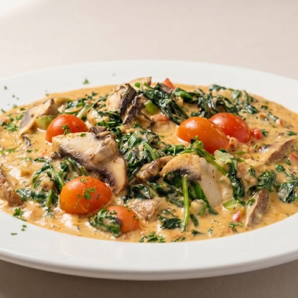 Creamy pasta dish with mushrooms, spinach, and cherry tomatoes on a white plate.