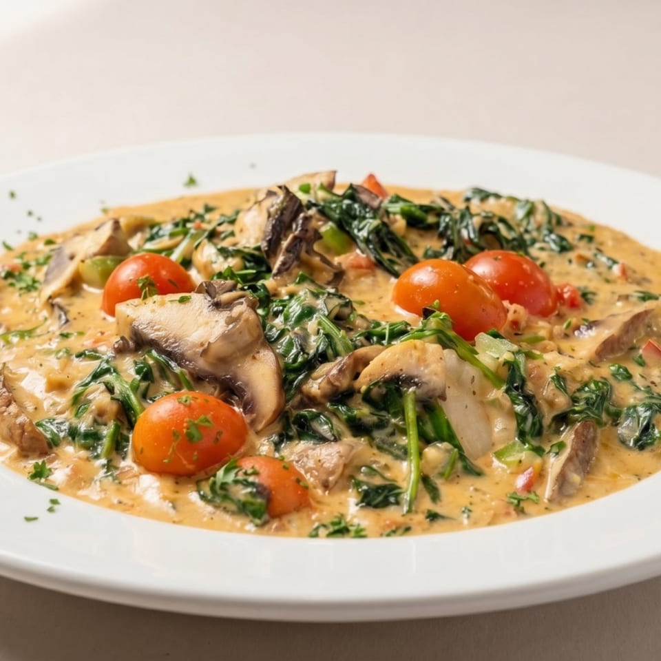 Creamy pasta dish with mushrooms, spinach, and cherry tomatoes on a white plate.