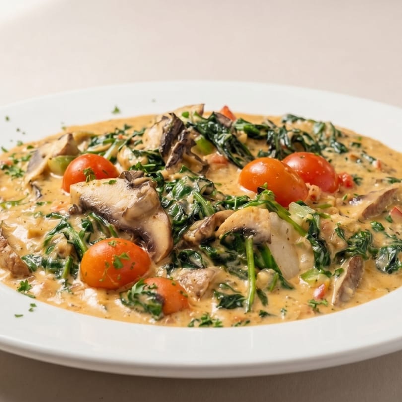 Creamy pasta dish with mushrooms, spinach, and cherry tomatoes on a white plate.