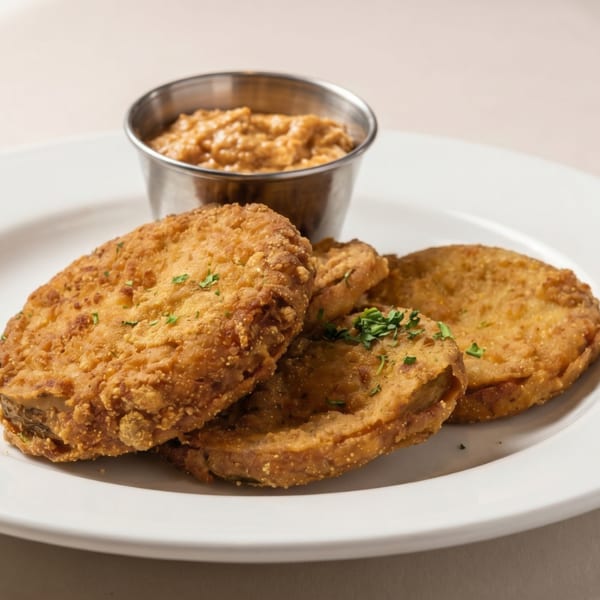 Golden-brown fried green tomatoes with a side of dipping sauce on a white plate.